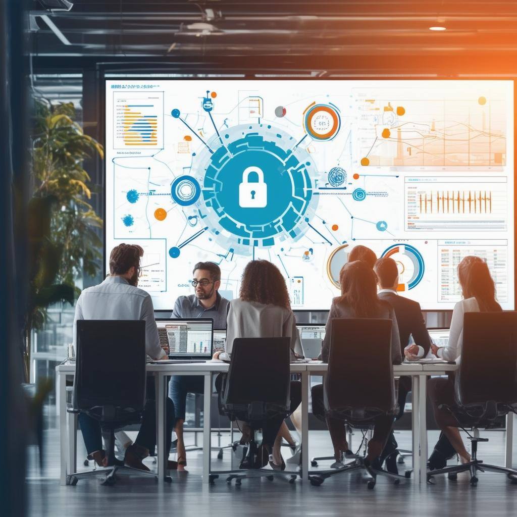 A diverse business team working collaboratively in a modern office setting, with a subtle nod to technology and security