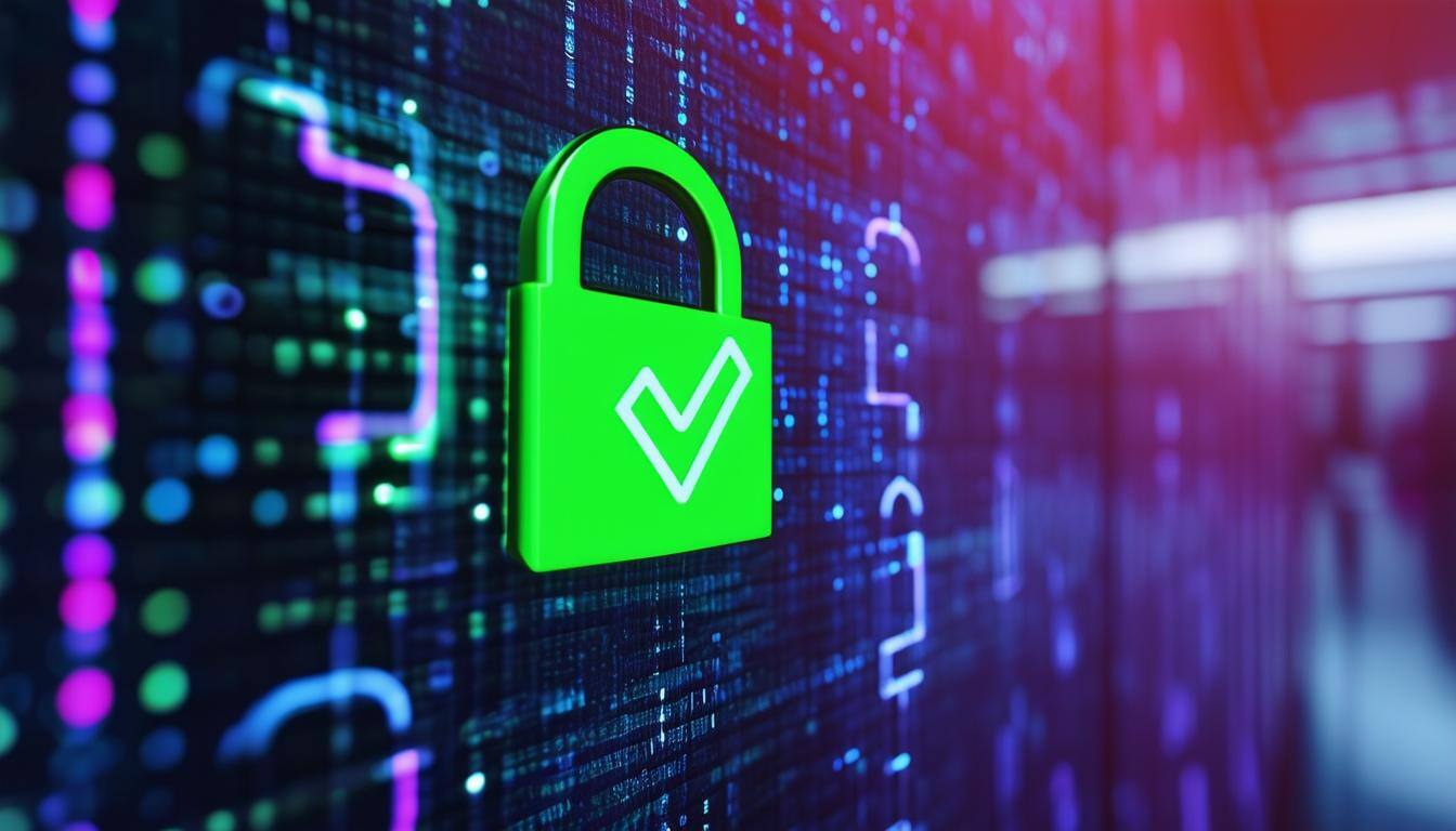 a digital lock with a green checkmark, 1200x800 pixels