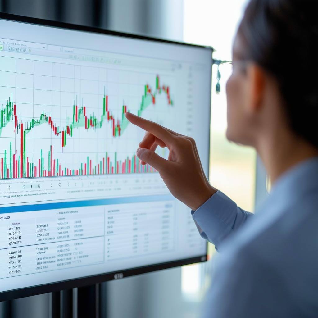 a person analyzing a chart on a screen, 1200x800 pixels